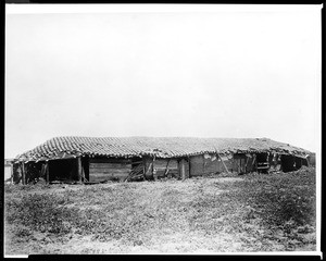 Deteriorating sheep-shearing barn at Guajome Ranch in San Diego, 1870-1880