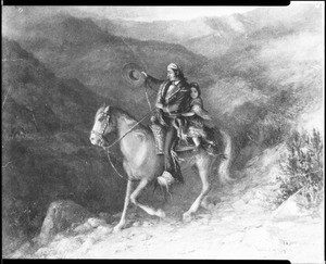 A.F. Harmer's painting "Traveling in the Coast Range in the 40's" depicting a Mexican-American man on horseback in the mountains, ca.1850