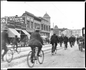 Los Angeles Police Bicycle Squad in the Mounted Police Parade on Broadway north of fifth, May 24, 1904