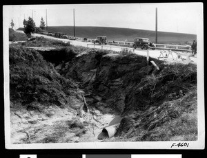 Flood damage to a culvert along Devonshire Avenue in the San Fernando Valley, 1935