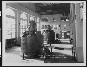 Interior view of the Southern California Edison Company water power plant on Kern River, ca.1930
