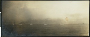 Panoramic view of a fleet of ships on the ocean in the far distance, Long Beach, 1908