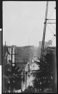 City street and buildings taken from the top of Angels Flight, ca.1920-1930