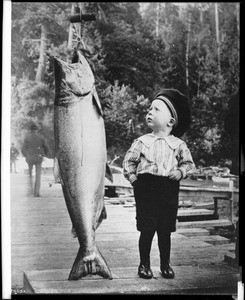 Child standing next to a Pacific salmon, ca.1910