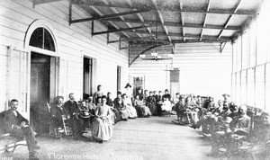 Guests sitting on the veranda of the Florence Hotel in San Diego, ca.1888