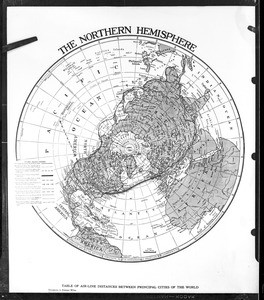 Circular map of the northern hemisphere showing a table of airline distances between principal cities, copied April 1930