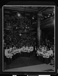 Interior view of the Alexandria Hotel in Los Angeles showing a choir and a Christmas tree, ca.1900-1909