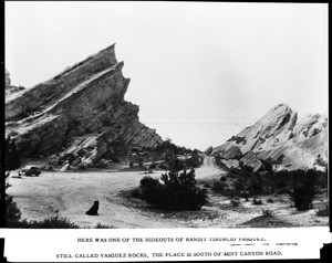 View of Vasquez Rocks, showing a dog and automobile south of Mint Canyon Highway