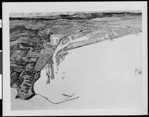 Aerial drawing of proposed improvements at the Port of Los Angeles, ca.1920