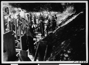 Workers during the construction of Eagle Rock Drainage System on Neola Street east of Glacier Drive, 1937