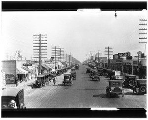 View of Whittier Boulevard in Whittier, showing a milk truck, ca.1924