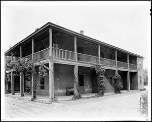 Exterior view of the two-story adobe on the Lugo Ranch, seen from the southeast, 1934