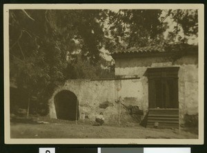 Front entrance to El Molino Viejo, the old mill of the San Gabriel Mission, ca.1890