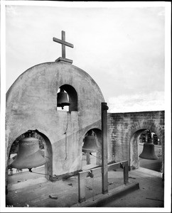 View inside the belfry of the Los Angeles Plaza Mission Church and the bells cast by Paul Revere's apprentice George Hollbrook