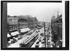 Carriage traffic on Los Angeles Street at First Street, Los Angeles, 1907