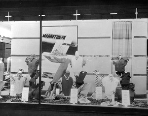 Display of menswear in a store window during "Market Week" in Los Angeles, ca.1950