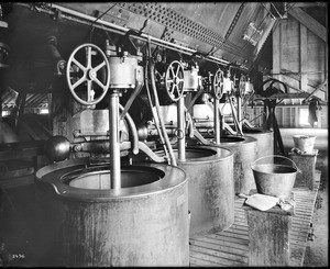 Interior of a beet sugar factory showing centrifuges