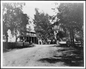 Exterior view of Eight-mile Road House at Cahuenga Pass, Hollywood, California, ca.1900