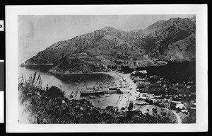 Birdseye view of Avalon harbor on Santa Catalina Island showing many boats, ca.1910