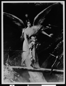 The painting "The Guardian Angel" by Gus Schroeter, depicting an angel guiding a child through the forest