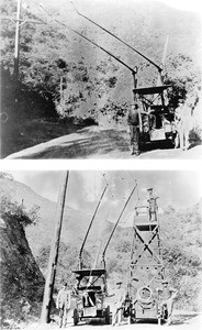 Two images of a trackless trolley in Laurel Canyon, Los Angeles, ca.1909