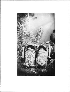 Two Apache indian babies in papooses, ca.1900