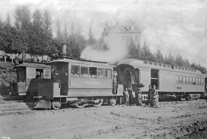 Los Angeles County Railroad engine Ivanhoe stopped at Sister's Hospital on Sunset Boulevard, ca.1887