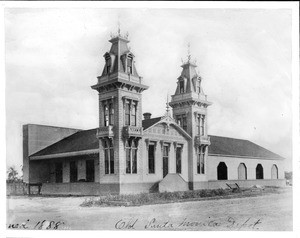 Exterior view of the Los Angeles and Independence Rail Road Terminal at Fifth Street and San Pedro Street, Santa Monica, 1888