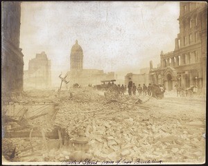 San Francisco earthquake damage, showing ruins of buildings on Market Street from the Flood Building, 1906