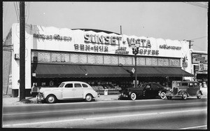 Exterior view of the Sunset-Vista Market showing three cars in front, taken from across the street, ca.1940