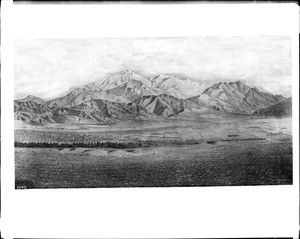 Lithographic drawing showing a panoramic view of San Bernardino, ca.1873