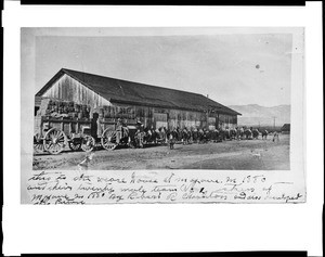 Twenty-mule team standing in front of John Searl's borax warehouse in Mojave, ca.1880