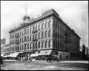 Exterior view of the Nadeau Hotel on Spring Street and First Street, Los Angeles, ca.1905