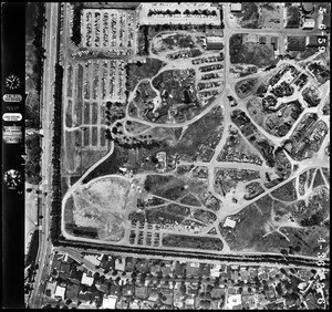 Aerial view of Century City showing a parking lot, May 6, 1959