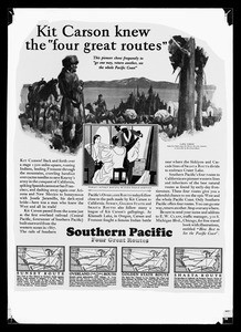 Advertisement using Kit Carson to advertise Southern Pacific's Four Great Routes