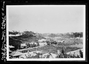 Camp scene near Borneo, showing several small structures, 1927