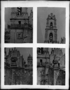 Four views of Mexican architecture, showing the roofs of cathedrals