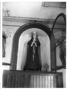 Statue of "Nuestra Señora" (Our Lady of Sorrow) at the Presidio Church at Mission San Carlos Borromeo, Monterey, ca.1906