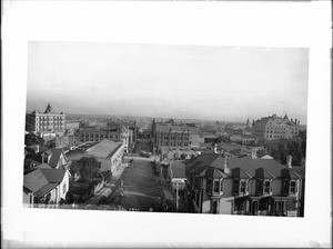 Panoramic view of downtown Los Angeles from 1st Street looking east from Hill Street, 1888-1895