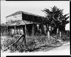 Exterior view of the Bernardo Yorba adobe jacketed in clapboard, ca.1880