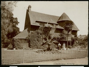 Two women posing in front of a house, Napa, ca.1900