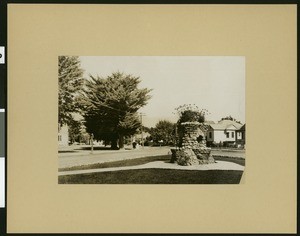 Stone plant container at the intersection of Triangle Street, Second Street and Wilson Street in Napa, ca.1907