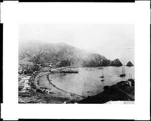 Aerial view of Avalon Harbor on Catalina Island, showing the steamer Hermosa #1 at anchor, ca.1889