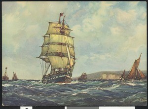 Colored painting of sailing ship on sea, showing several ships in background, ca.1700