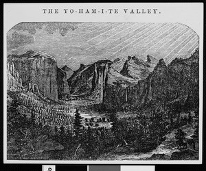 Woodcut showing the first picture published of the Yosemite Valley, 1854