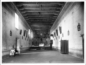 Interior of the church of Mission San Miguel Arcangel, near Templeton, California, 1905