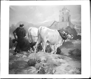 Painting by Einar Corsten Petersen, depicting a priest plowing the grounds of a mission with oxen