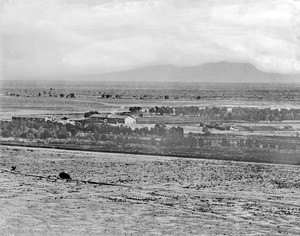 Panoramic view of the Mission San Fernando and the Valley looking southeast from north, ca.1875