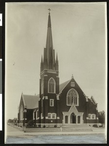 Exterior view of a Catholic Church in Watsonville, ca.1900