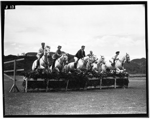 Six men and women on horses jumping over a hedge jump